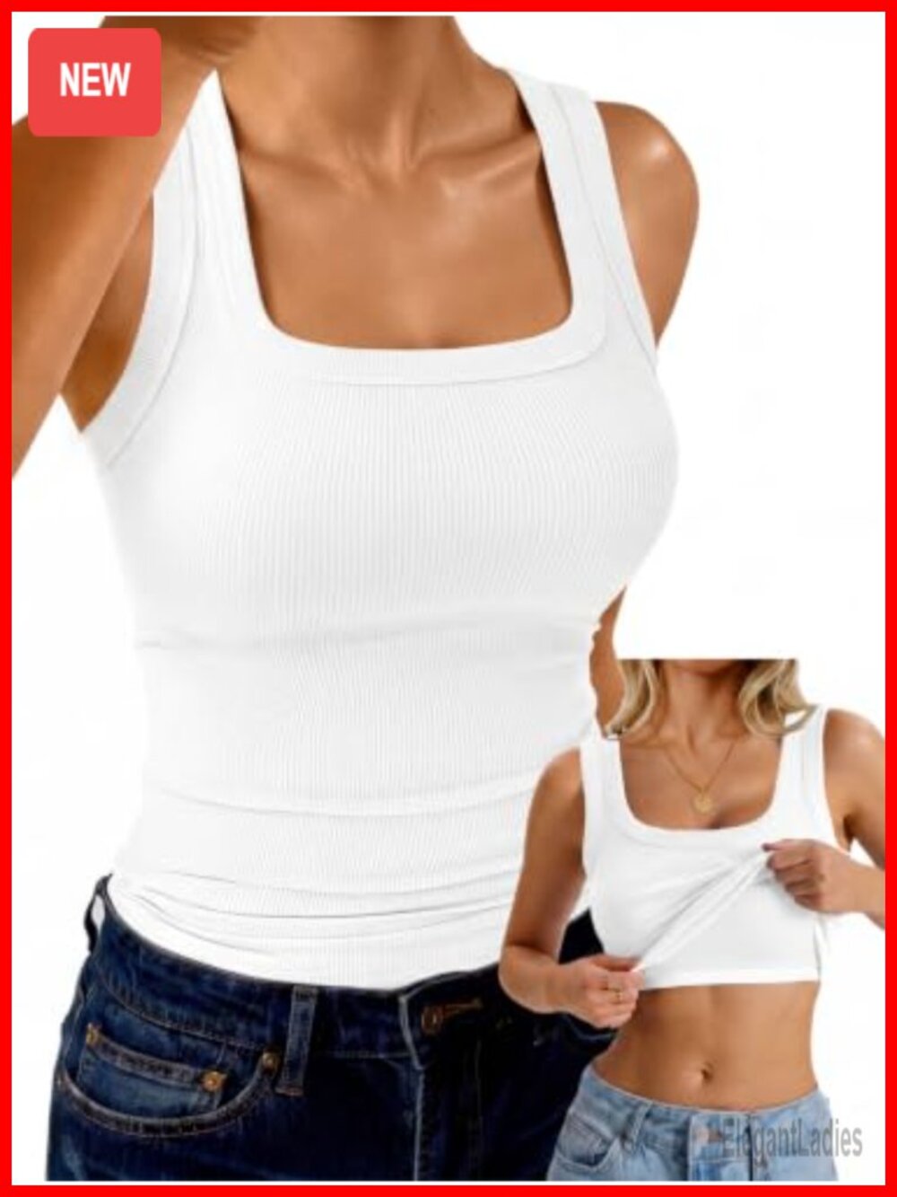 Womens Built in Bra Tank Ribbed Square Neck Racerback Sleeveless Top